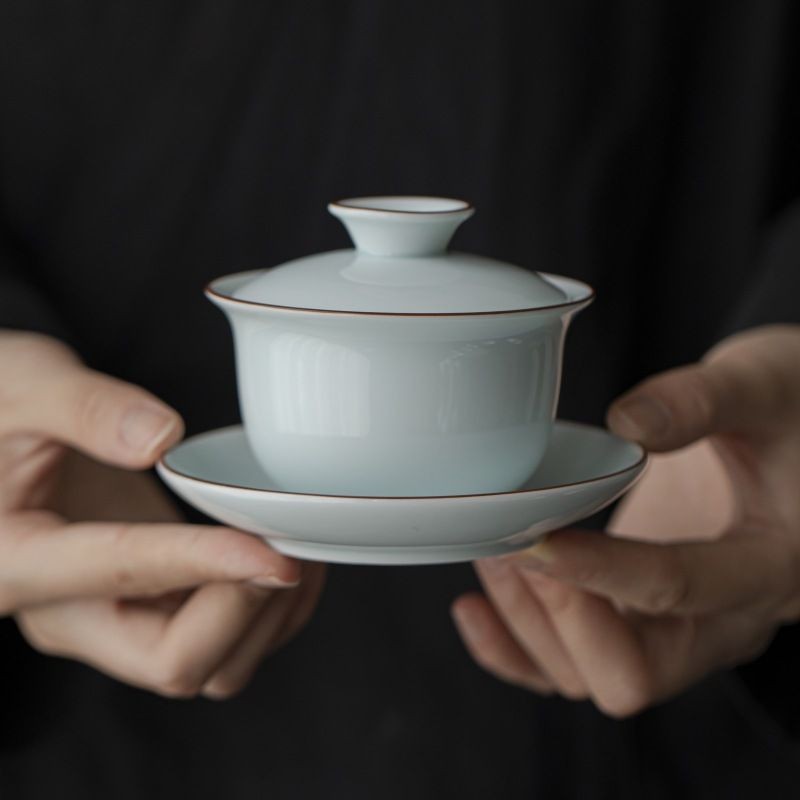 Shadowy Blue-green Porcelain Sancai Gaiwan Ceramic Tea Bowl Kung Fu Tea Set