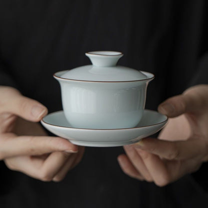 Shadowy Blue-green Porcelain Sancai Gaiwan Ceramic Tea Bowl Kung Fu Tea Set