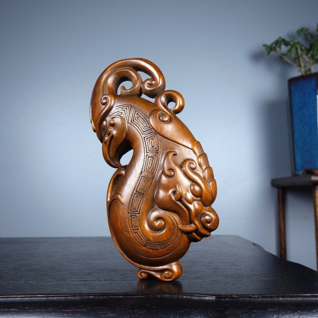 Rare Chinese Boxwood Wood Carved Exquisite Dragon Phoenix Statue Wooden Figurine