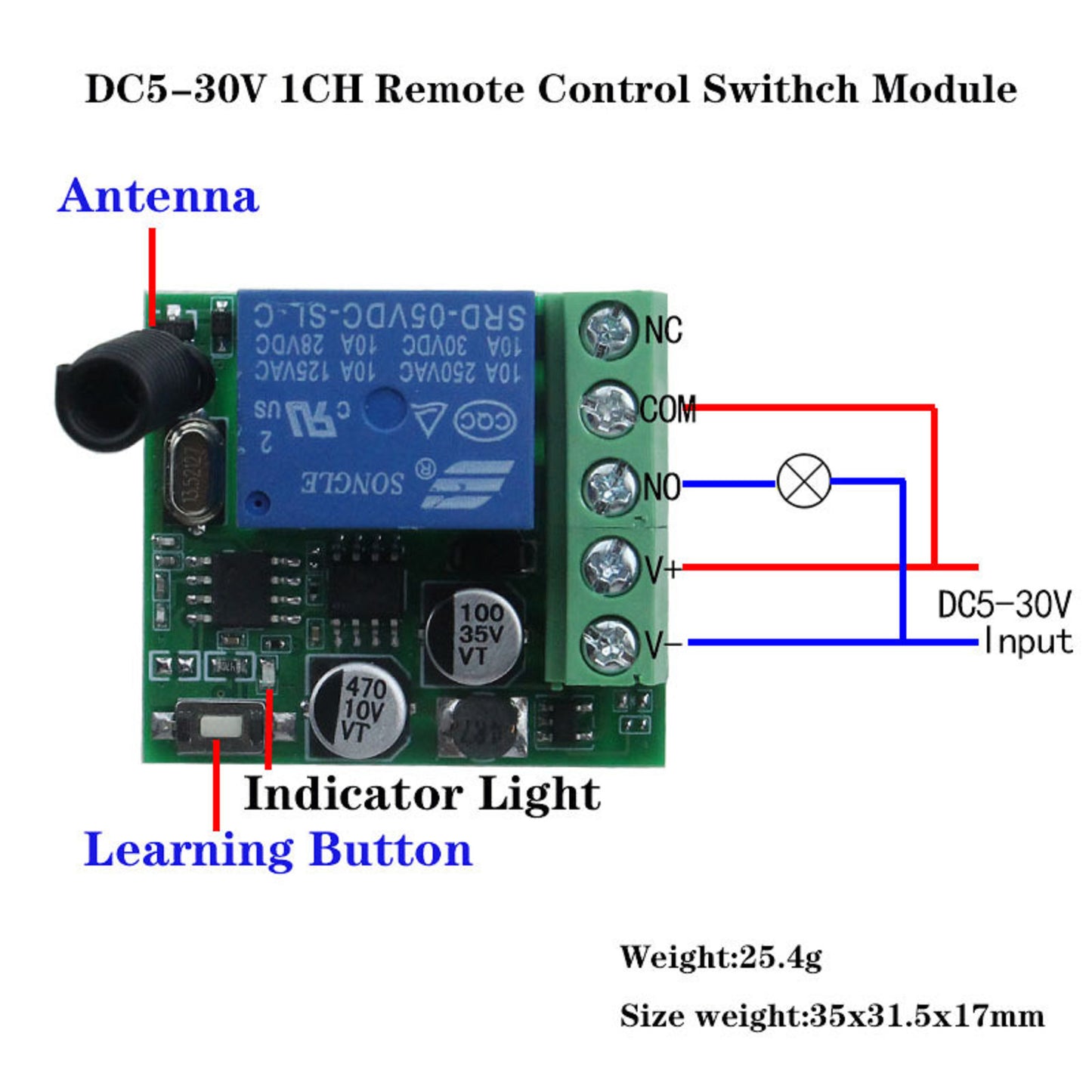433Mhz DC5-30V 1CH Universal Wireless Remote Control Switch Relay Receiver Kit