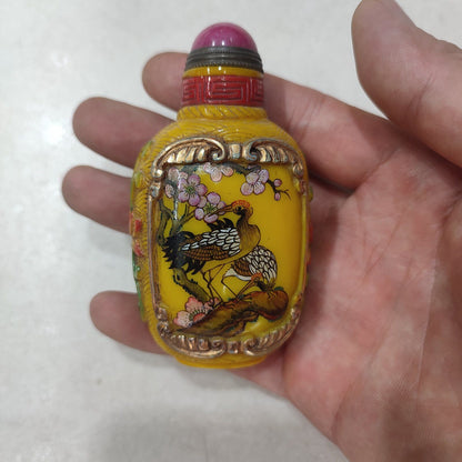 Collector Chinese Peking Glass Snuff Bottle Carved Crane Painted Yellow Gilding