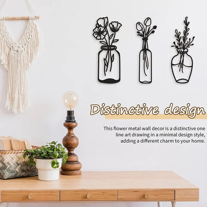 3pcs Metal Flower Wall Decor, Vase Wall Art Tulip Wire Iron Decor, Floral Wall