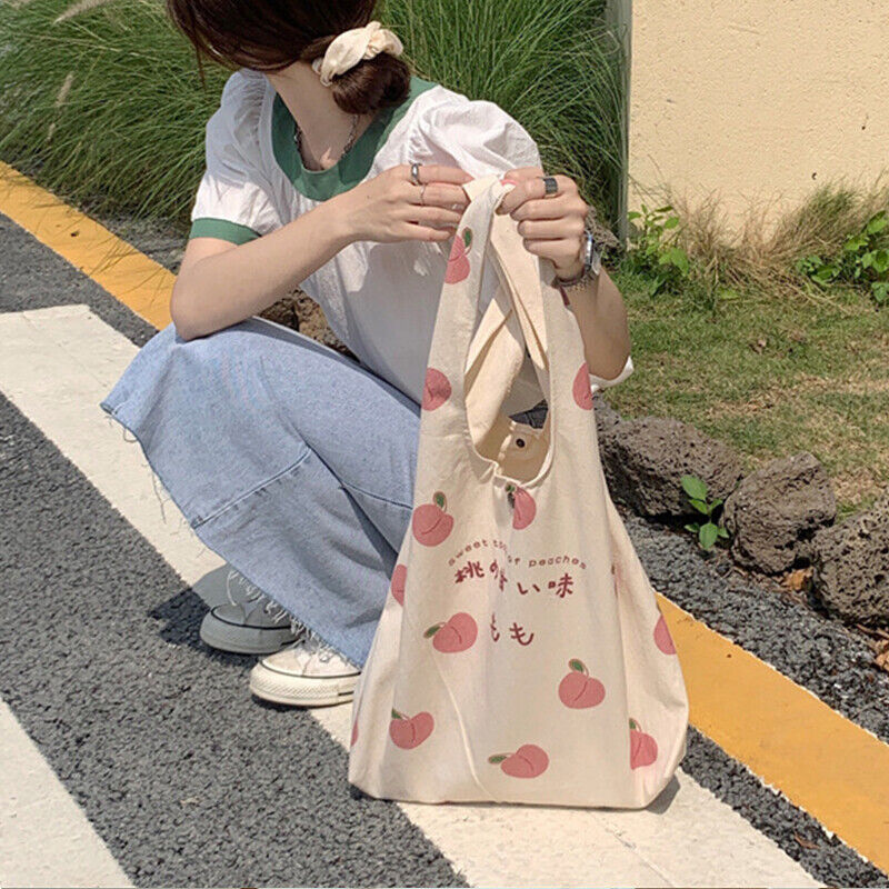 Peach Print Canvas Bag Tote Bag Large Capacity Shoulder Bag School Shopping Bag