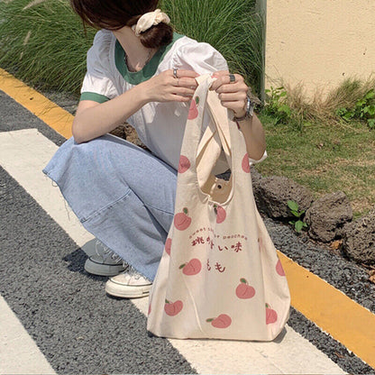 Peach Print Canvas Bag Tote Bag Large Capacity Shoulder Bag School Shopping Bag