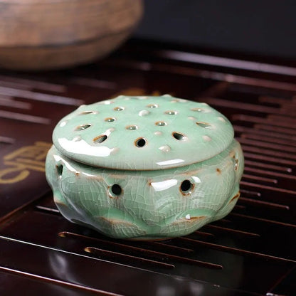 Longquan Celadon Ceramic Buddha Crafts Lotus Incense Burner Incense Coil Censer