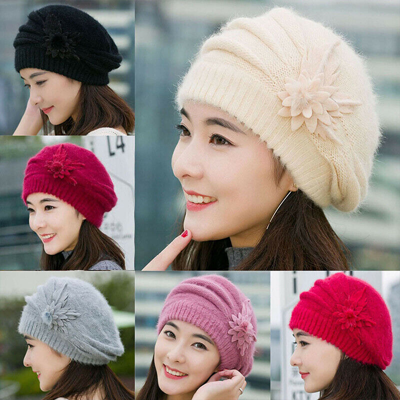 Women Winter Warm Baggy Beanie Beret Knit Flower Crochet Hat Casual Cap Gifts