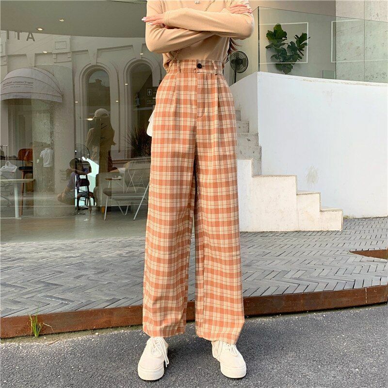 Women Pants Street Simple Vintage Plaid Causal Long Fashion Straight Wide Leg