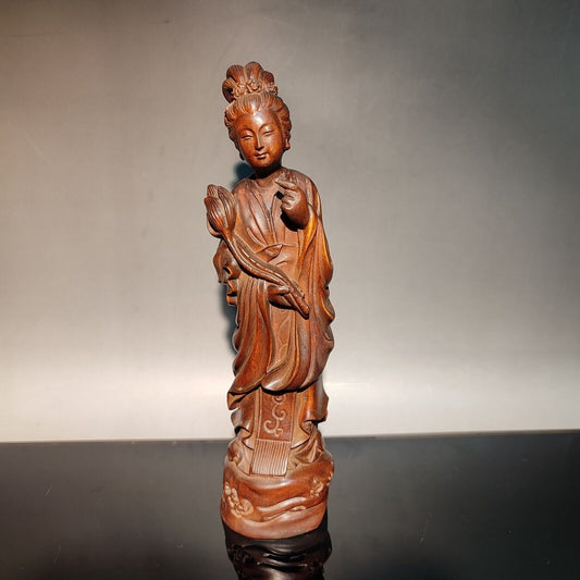 vintage wooden statue decorative sculpture Ho Hsien-ku woman lotu blossom flower