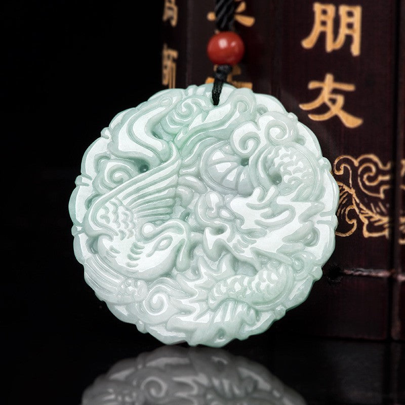 Certificate Natural Grade A Jade Jadeite Dragon Phoenix Couple Pendant Necklace