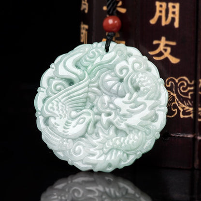 Certificate Natural Grade A Jade Jadeite Dragon Phoenix Couple Pendant Necklace