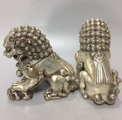 Pair Rare Silver Guardian Lion Foo Fu Dog Statue Collection