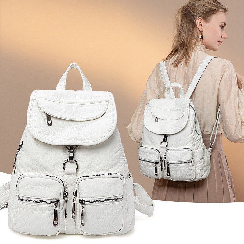 Synthetic Leather Backpacks Waterproof White Traveling Bags Back Pack 30*14*3 CM