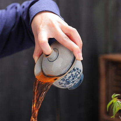 170ml Retro Dehua Hand Painted Gaiwan Blue Porcelain Tea Bowl Tea Set Tureen