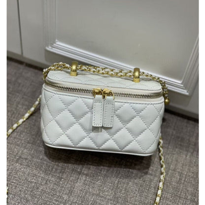 Quilted Lambskin Leather Vanity Case Clutch Pouch Chain Crossbody Box Bag Purse