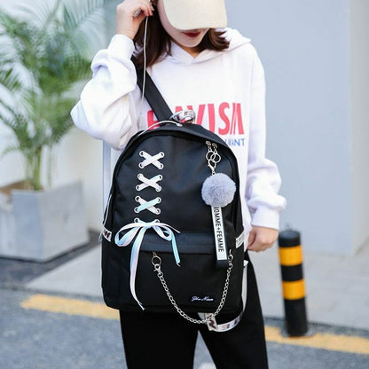 Students Backpack 5 pcs/set Ribbon Chain Girl Laptop School Bags Bookbag Oxford