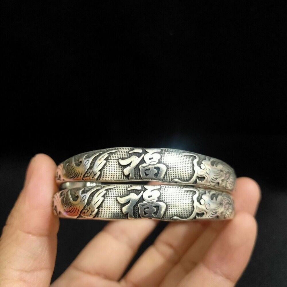 A Pair Old Chinese Tibet Silver Handcarved Dragon Phoenix Bracelets 9034