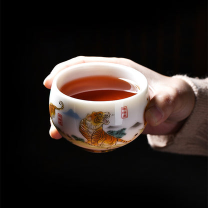 3.38" Mutton Jade Porcelain Tea Cup Mascot Tiger Print Under Glaze Master Cup