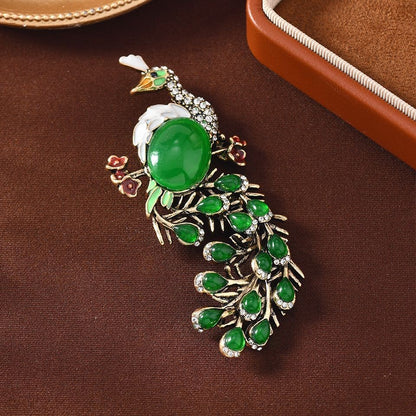 Chinese Style Peacock Brooch Green Enamel Phoenix Pin Luxury Coat Accessory