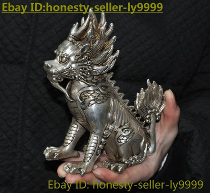 5.8" China Tibetan Silver Exorcize Kylin Kirin Chi-Lin Kilin Qilin Animal Statue