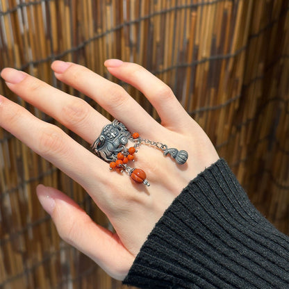 Handmade Lion Dance Ring Red Bead Gourd Chinese Style Niche Design Ethnic Ring