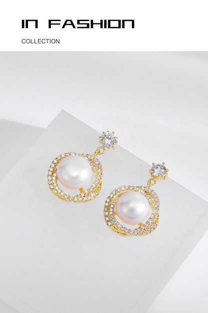 Fashion Freshwater pearl Flower Stud Earrings 14k Yellow Gold Plated S925