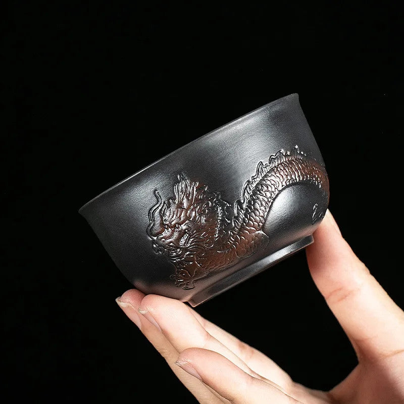 1PC Purple Pottery Tea Cup Dragon Carving Large Size 150ml Kung Fu Tea Set Tool