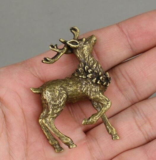 Pure Brass Carved Animal Sika Deer Figurine Tea Pet Ornament Miniature Mini Toy