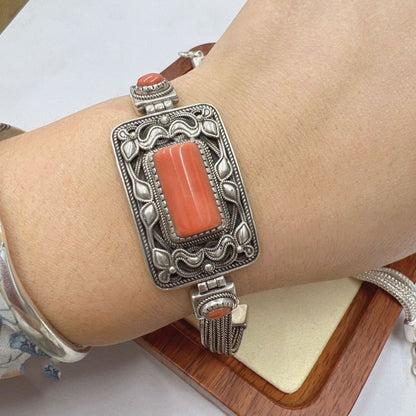 Mongolian Bracelet Vintage Red Inlay Square Ethnic Silver Chain Bracelet
