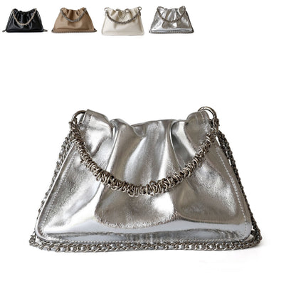 Small Real Leather Ruched Clutch Pouch Purse Tote Shoulder Bag Crossbody Chains