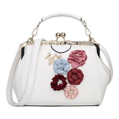 Vintage Flowers Two Straps Shell Lock Bag Synthetic Leather Tote Handbag Purses
