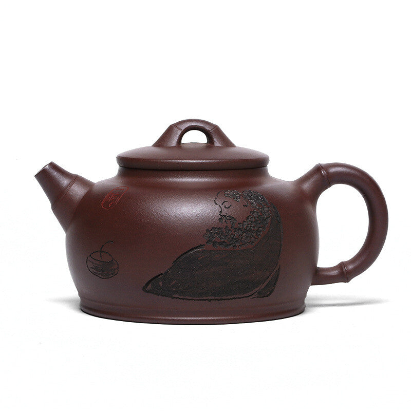 Full Handmade Carved Tea Pot Figurine Real Yixing Zisha Purple Grit Clay Pot New