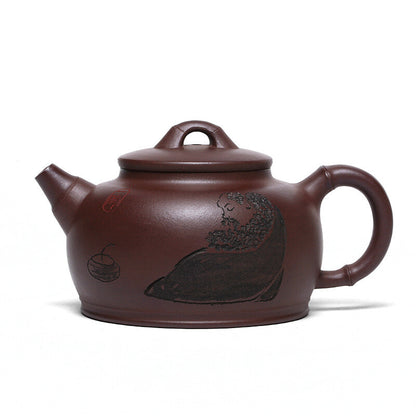 Full Handmade Carved Tea Pot Figurine Real Yixing Zisha Purple Grit Clay Pot New