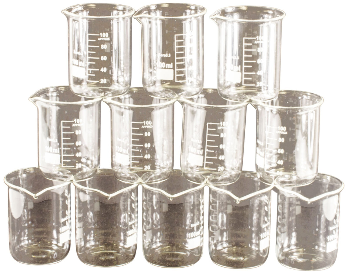 12 Pack 100mL Beakers w/ Pour Spout, Borosilicate Glass, 2.09" Dia. x 2.85" Tall