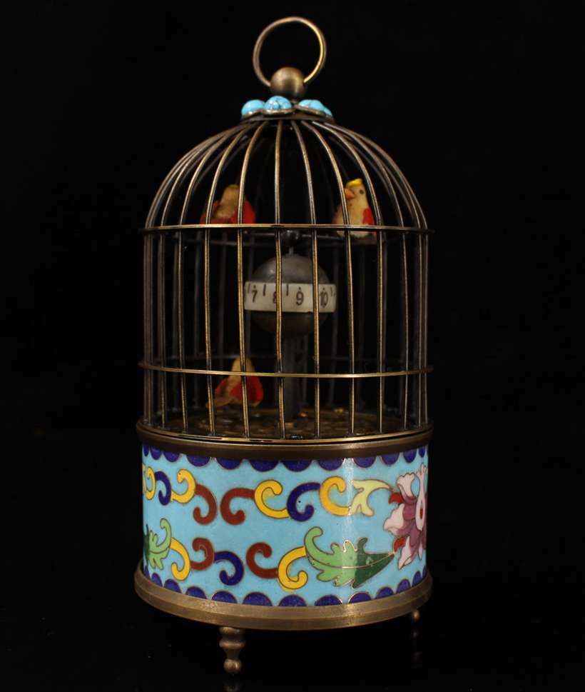 Old antique Cloisonne Enamel mosaic gem handmade bird cage Mechanical watch