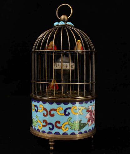 Old antique Cloisonne Enamel mosaic gem handmade bird cage Mechanical watch