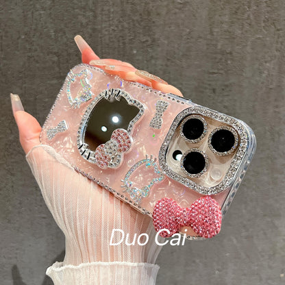 For iPhone 17 Pro Max/16/15 Cute Bling Mirror Girl Case Cover w/ Chain