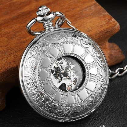 Retro Hand Wind Mechanical Pocket Watch With Fob Chains Men Hollow Skeleton Dial