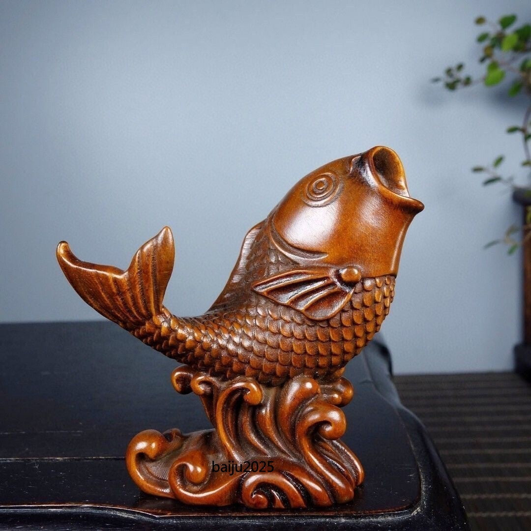 Antique boxwood carving art handcrafted carp statue decoration home fish Pendant