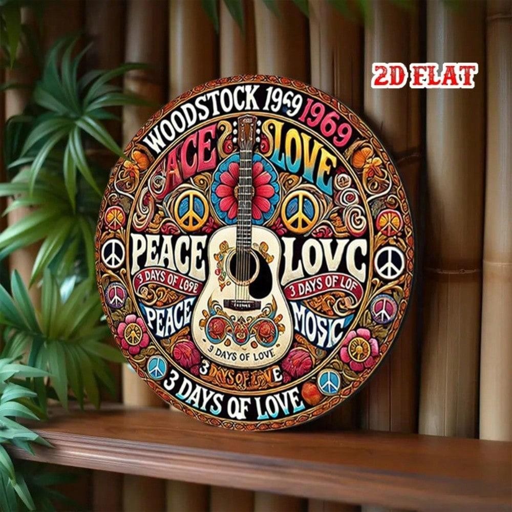 Vintage 1960s-70s 8x8 Tin Sign Peace Love Music Retro Wall Art for Home Bar Cafe