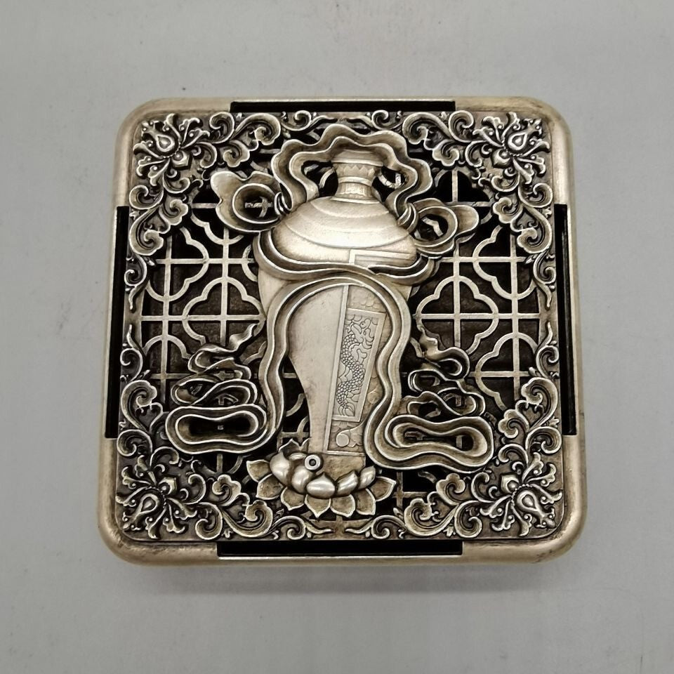 Rare Chinese miao silver tibet silver OLD handmade lotus flower inkstone box