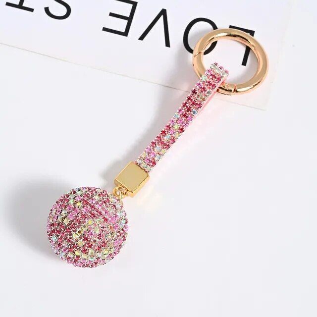 Rhinestone Ball Leather Strap Key Chain Pendant Charm Crystal Purse Bag Car Ring