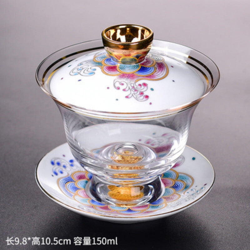 Tea Bowl Thickened Glass Tureen Tea Cover Bowl Lid Sancai Gaiwan Hand Painted
