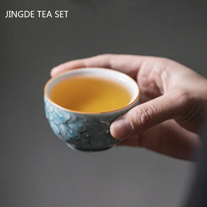 Chinese Ceramic Teacup Handmade Relief Cup Household Porcelain Tea Cup Travel