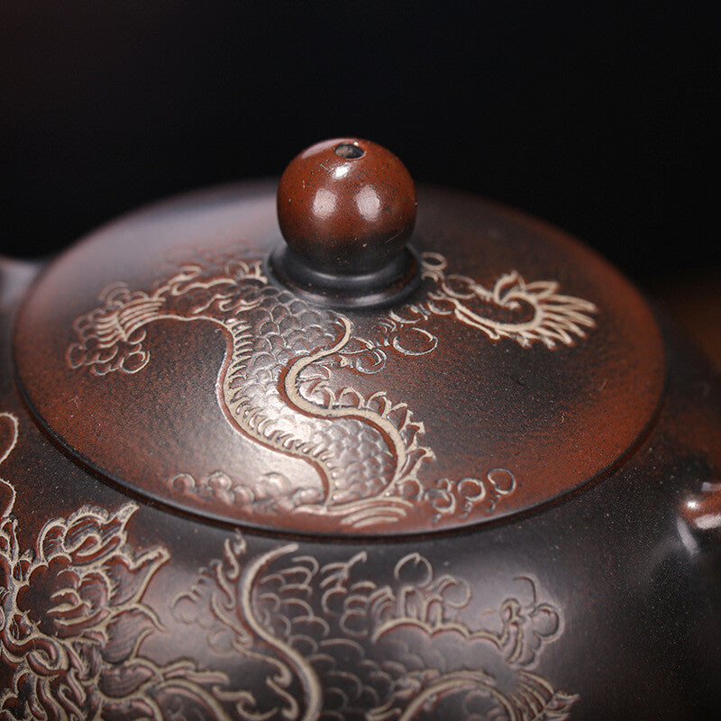 Pottery Tea Pot With Ball Shaped Infuser Holes Dragon Carved Handmade Xishi Pot