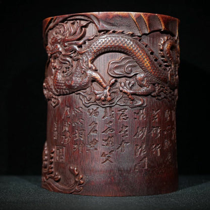 6" chinese carved brush pot pots dragon statue antique wood carving buddha Arhat