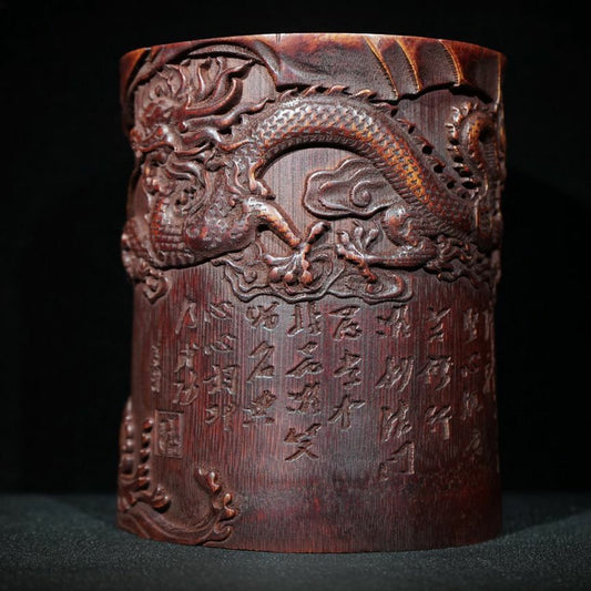 6" chinese carved brush pot pots dragon statue antique wood carving buddha Arhat