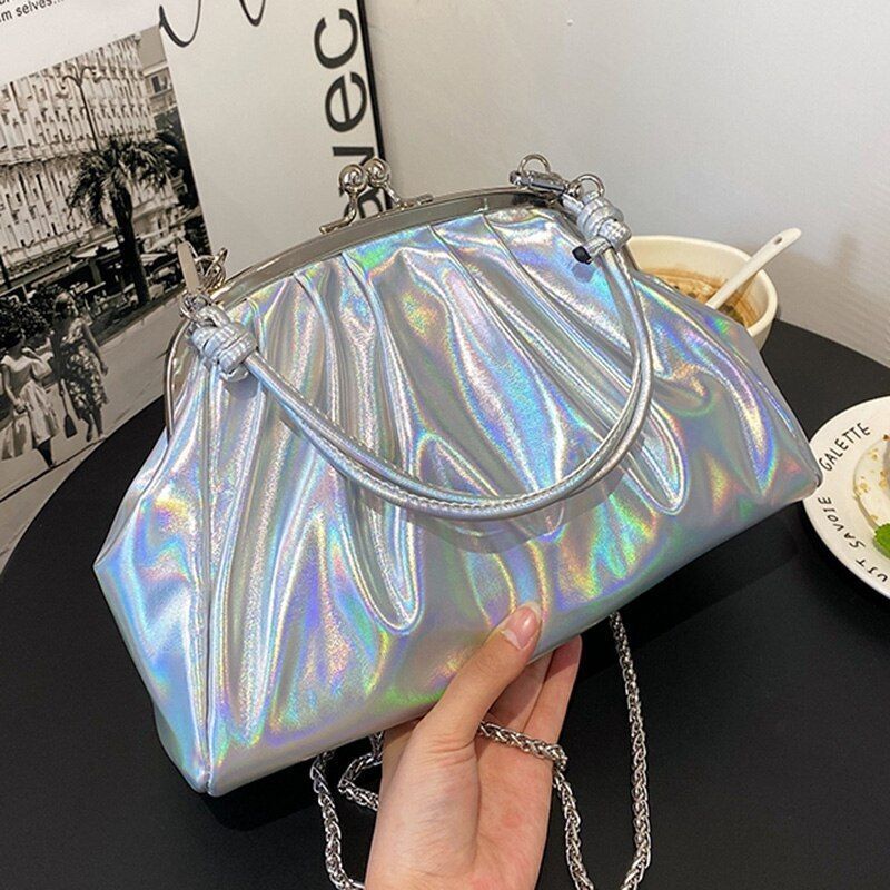 Sparkles Crossbody Bag Silver Green Clip Shell Handbag Chain Shoulder Purse 1 PC