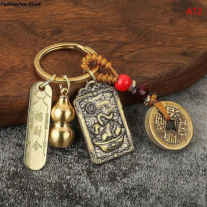 Chinese Style Zodiac Brass Gourd Five Emperors Money Keychain Metal Fengshui
