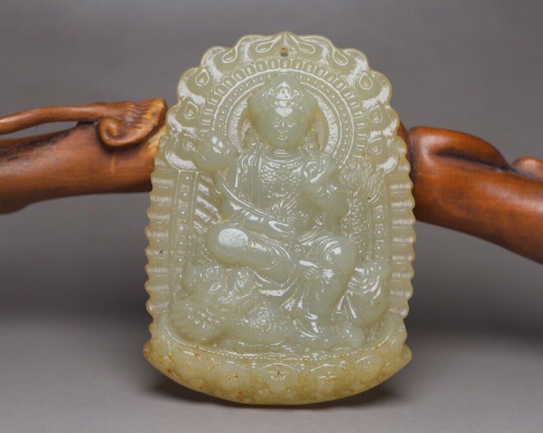 Chinese Natural Hetian Jade Carving Dragon Kuan Yin Statue Lucky Pendant Amulets