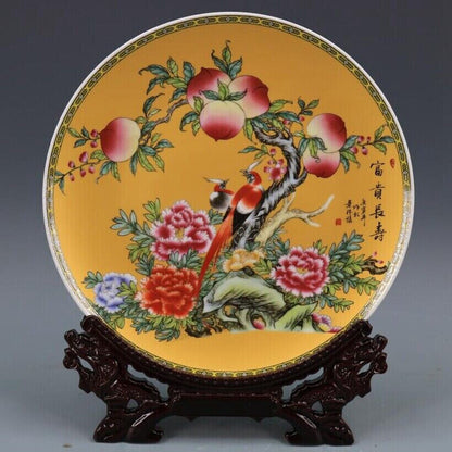 Exquisite Old Chinese porcelain color Hand Painted Peach bird plate